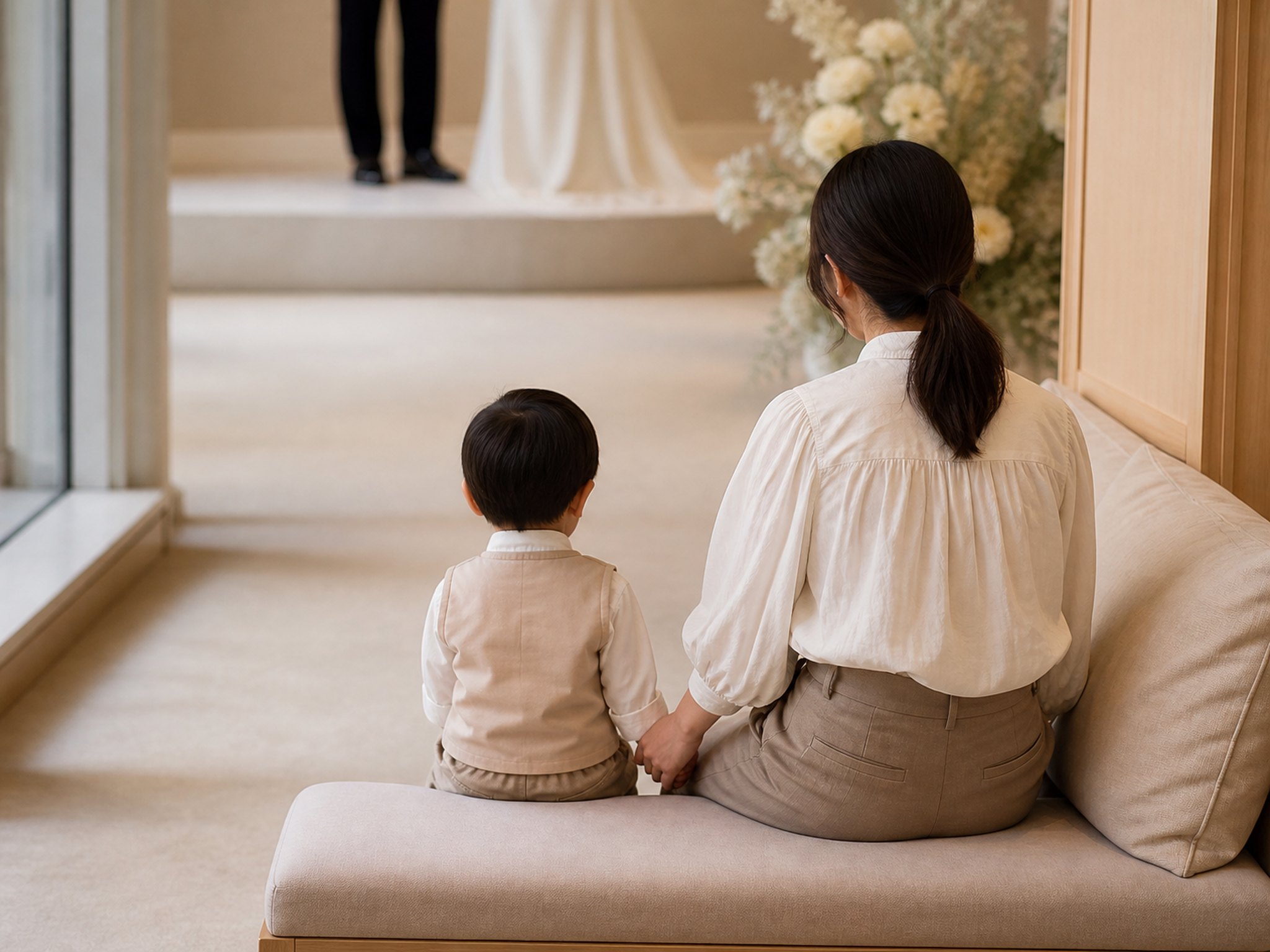 式のかたわらのベンチで、お子さまと手をつないで待つ付き添いのイメージ